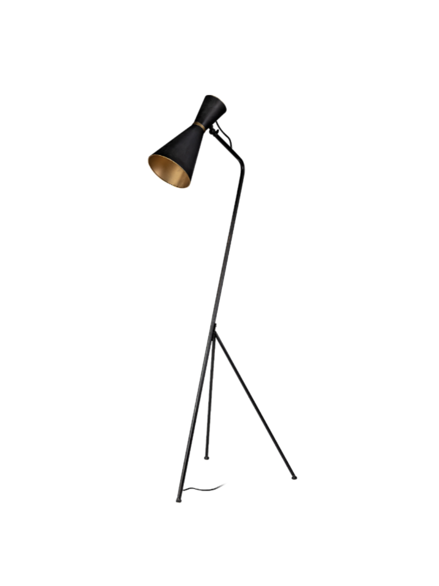 Black/brass metal floor lamp with black metal cone shade (58.3" H)