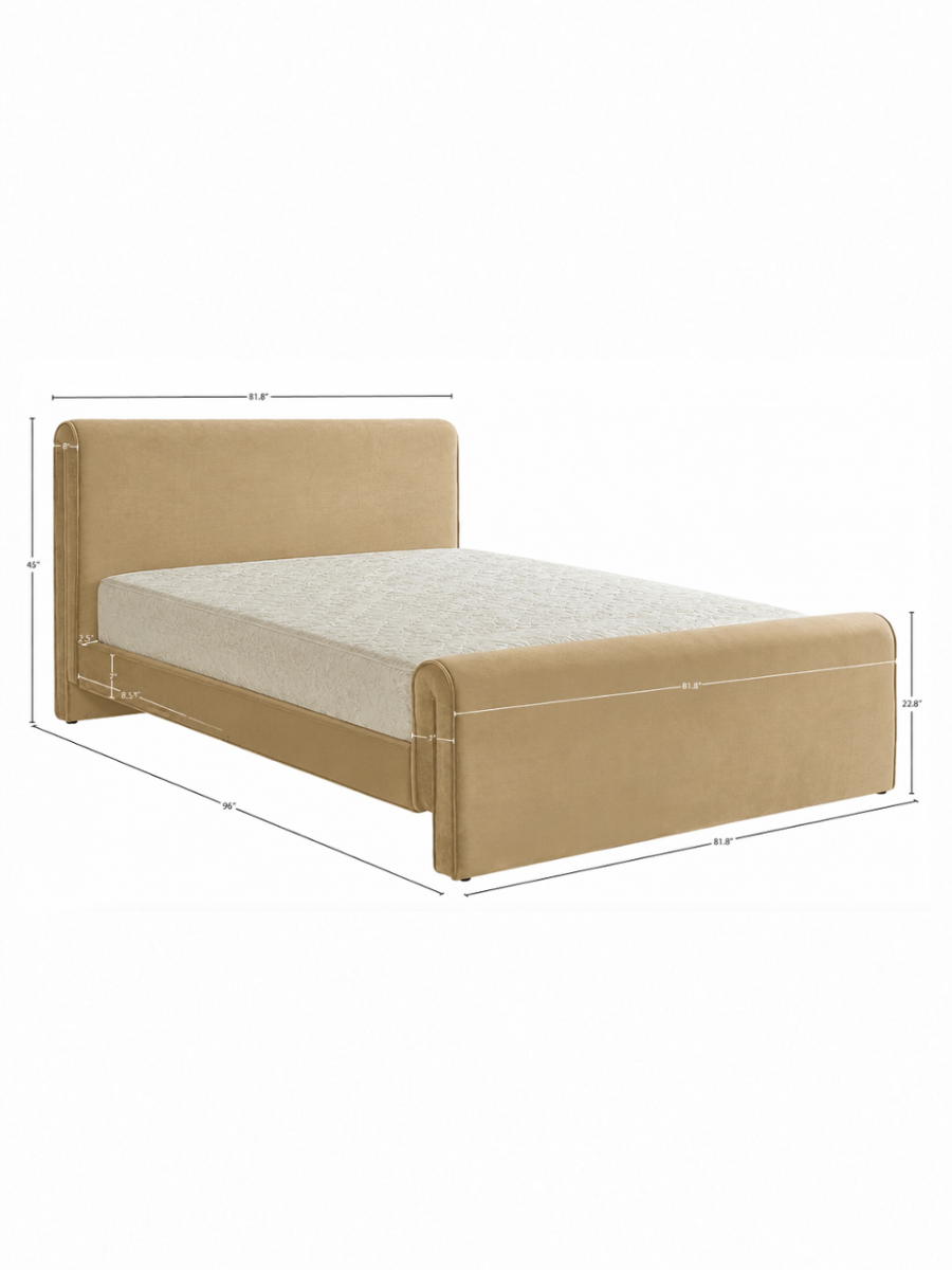 Carmel colored velvet bed with a headboard and footboard. Dimensions.