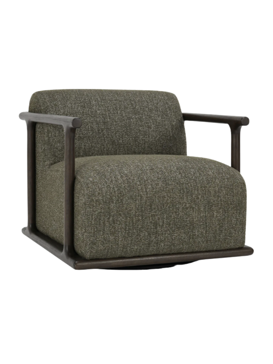 Modern olive green textured upholstered accent chair with a low rounded backrest, deep cushioned seat, and exposed dark wood frame with sleek cylindrical arms.
