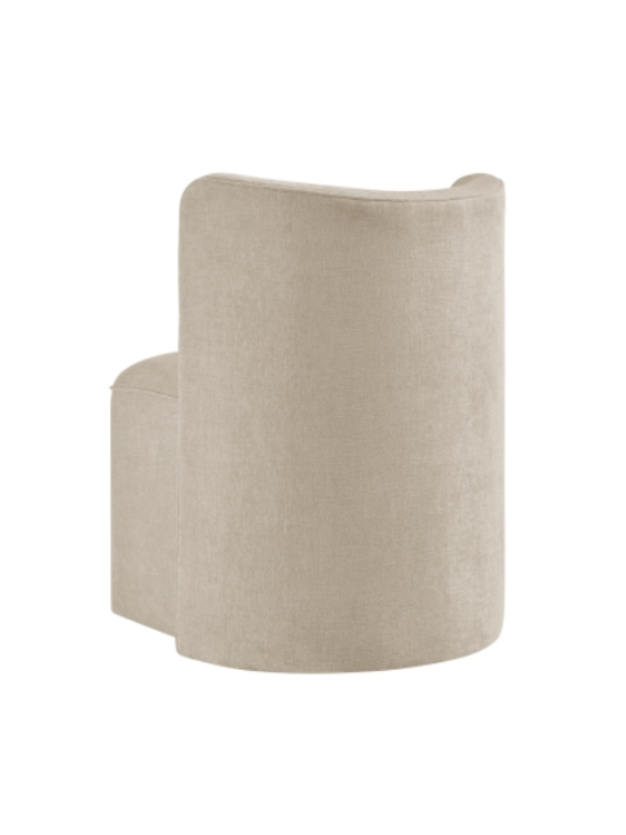 Upholstered armless dining chair / side chair w/ slightly curved 32" high back, 20" seat and caster wheels