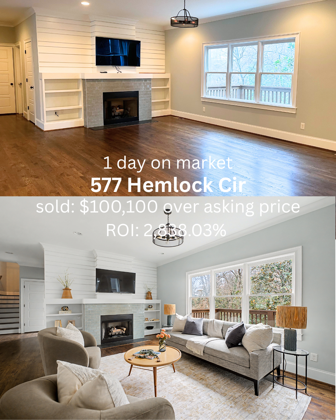Before and after photos of a living room with a fireplace, showing the renovation process, with overlaid text about property sale and ROI.