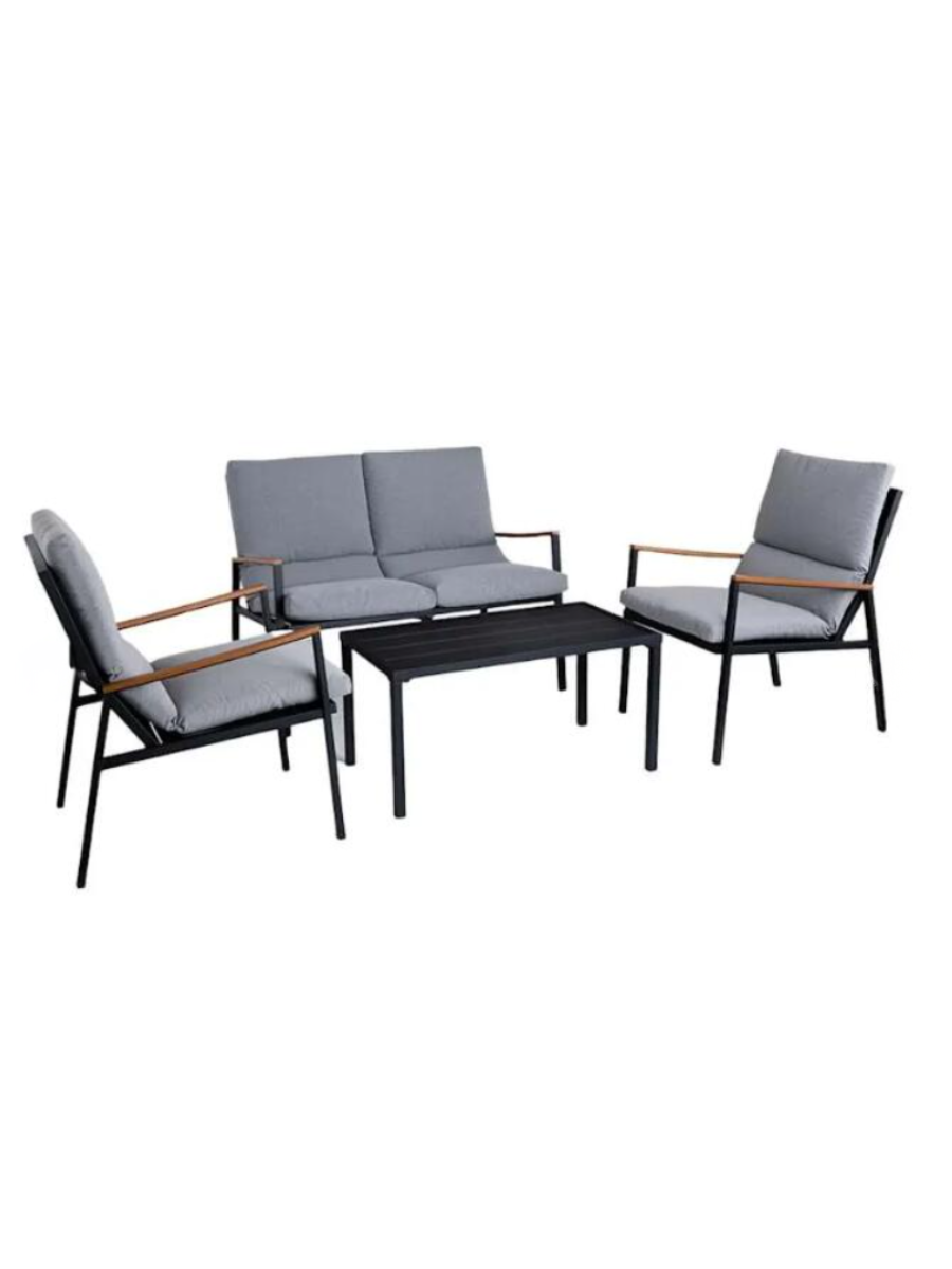 Outdoor Loveseat, 2 side chairs, and matching coffee table. Black metal with wood accent on arms and grey cushions