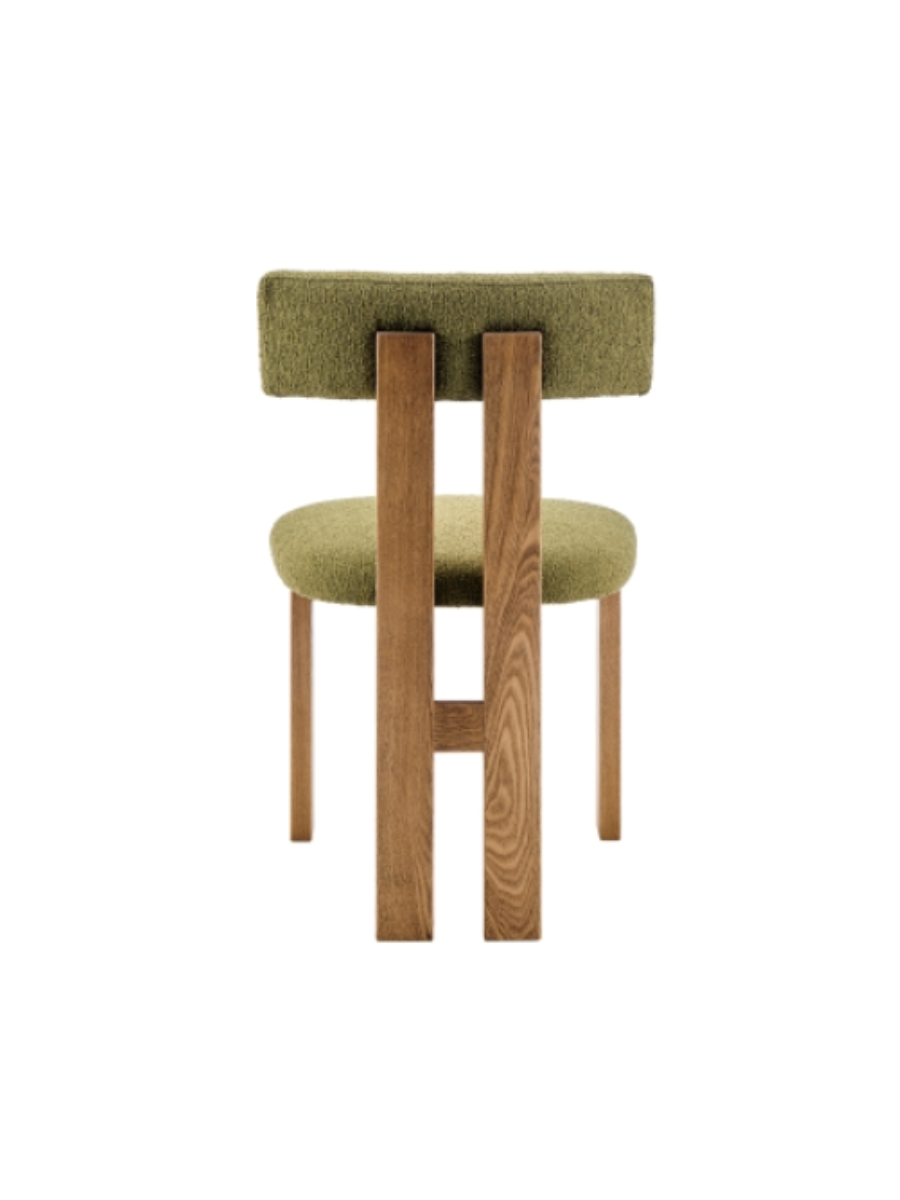 Olive green fabric dining chair with rounded design, tubular backrest and a seat frame supported by two solid wood posts