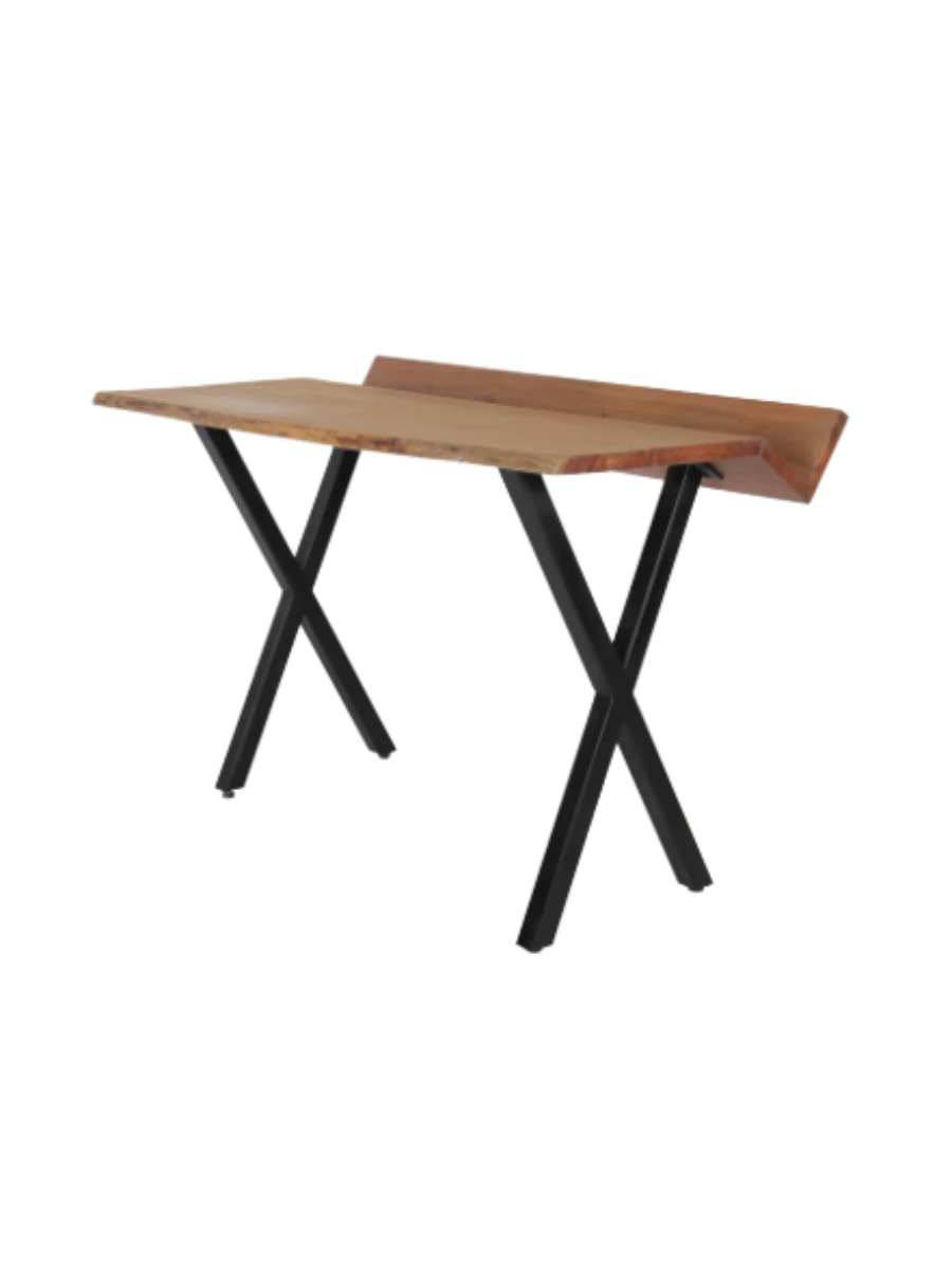 Live edge wooden desk with metal legs and book prop