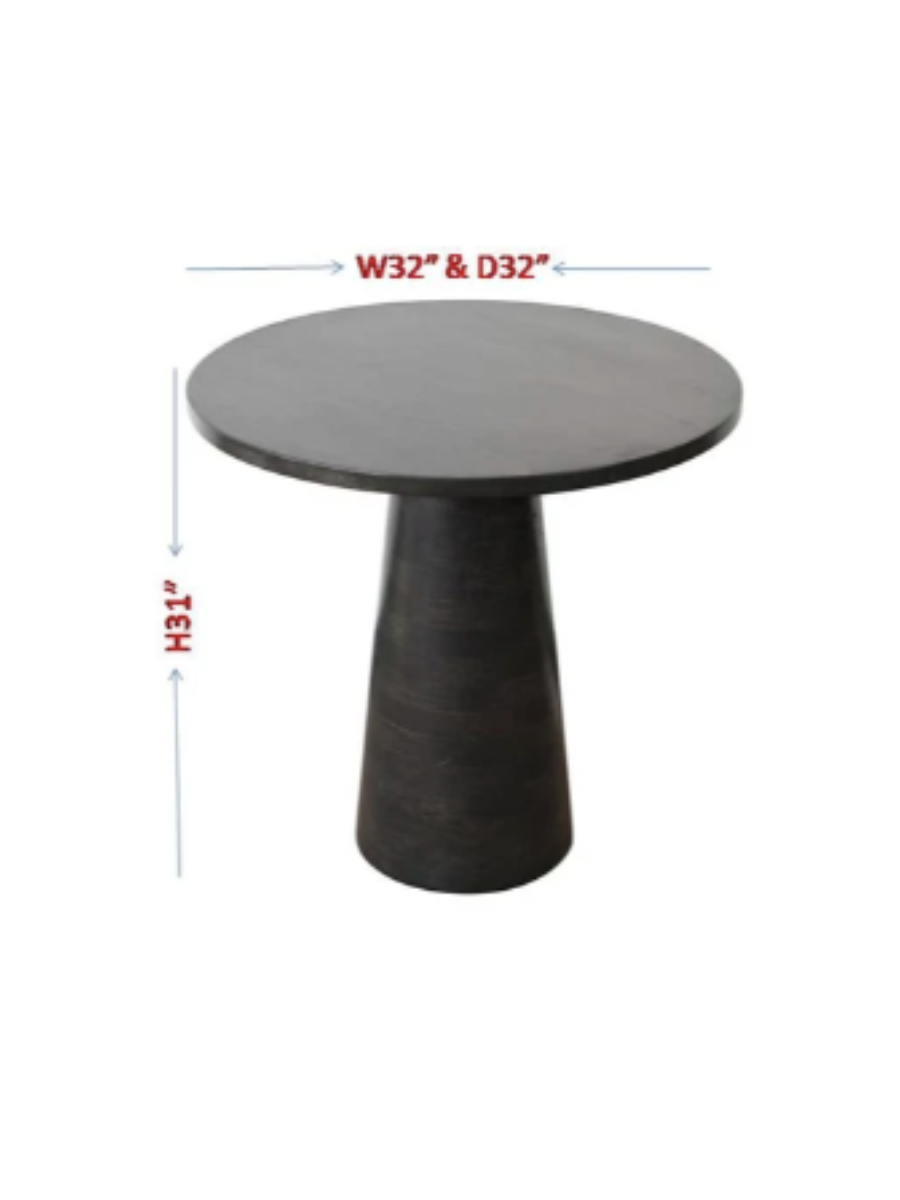 Modern round dining table in a dark charcoal wood finish, featuring a smooth circular tabletop and sculptural tapered pedestal base.