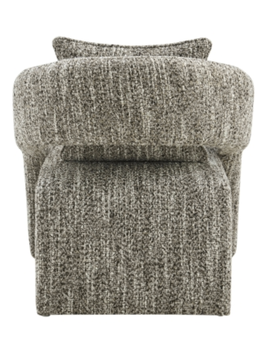 Modern gray textured upholstered accent chair with curved arms, sculptural silhouette, and matching back cushion. Back view.