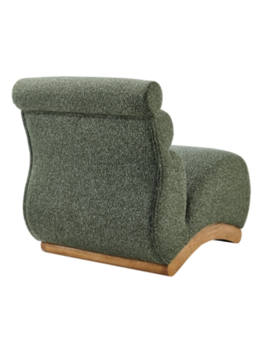 Modern armless accent chair upholstered in olive green bouclé fabric, featuring a sculptural curved seat, channel-tufted backrest, and natural wood base.