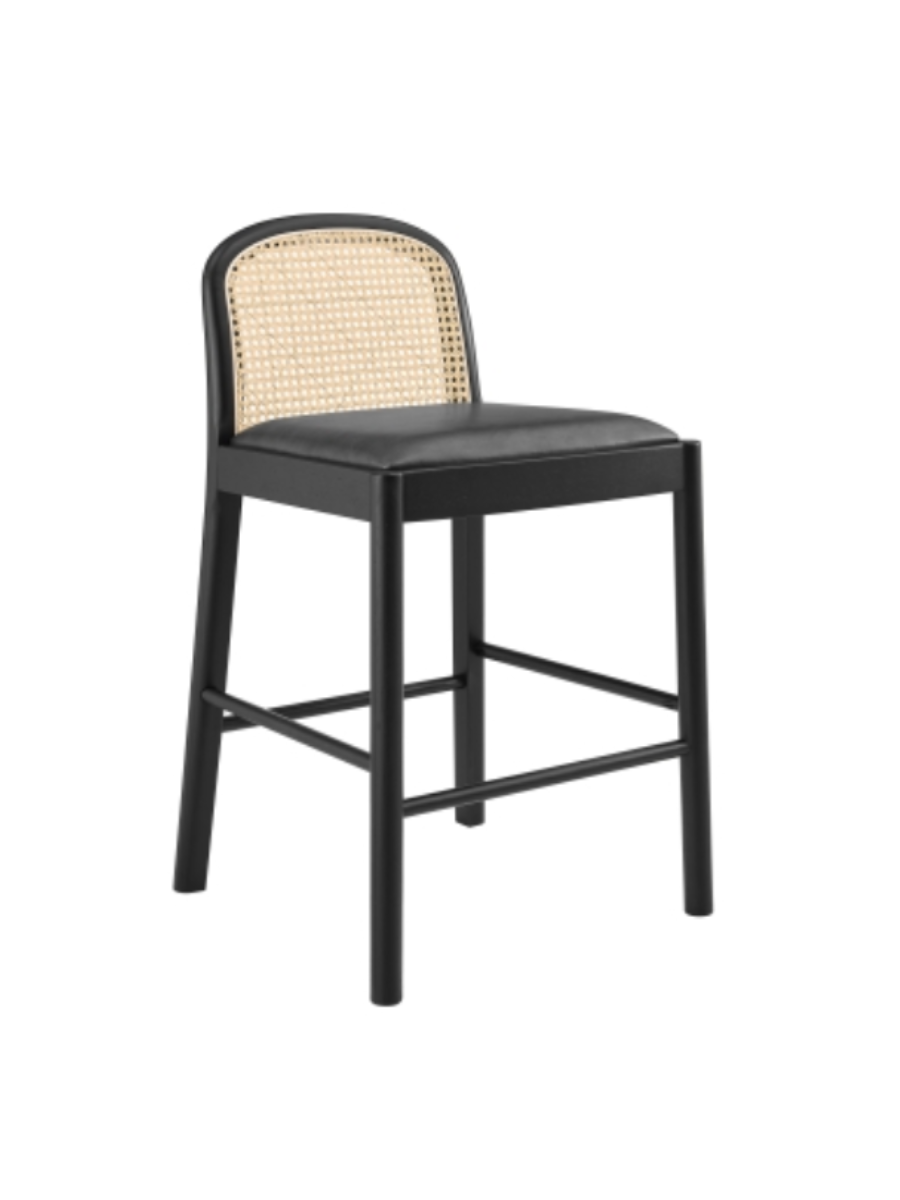 Black framed counter stool with black cushion seat and short rattan back rest