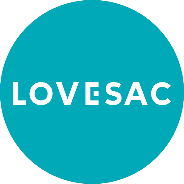 Blue circular logo with white text reading LOVE SAC.