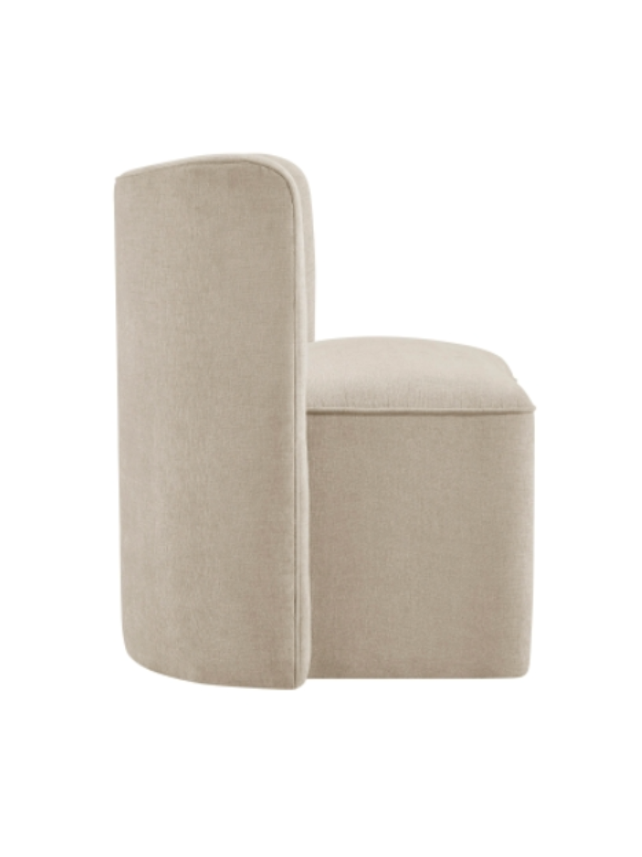 Upholstered armless dining chair / side chair w/ slightly curved 32" high back, 20" seat and caster wheels