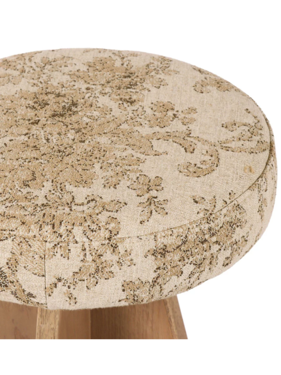 Wood swivel counter stool with metal foot rest and floral upholstered seat.