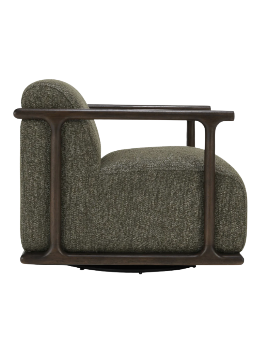 Modern olive green textured upholstered accent chair with a low rounded backrest, deep cushioned seat, and exposed dark wood frame with sleek cylindrical arms.