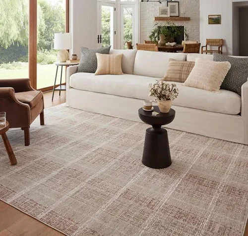 A bright living room with a white sofa, assorted cushions, a black side table with a flower vase, and a patterned area rug. Large windows with greenery outside.