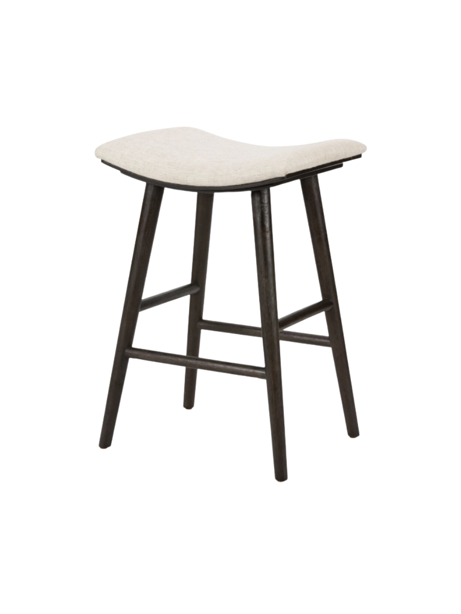 Saddle seat counter stool w/ cream / ivory / white upholstered seat and dark wood legs.