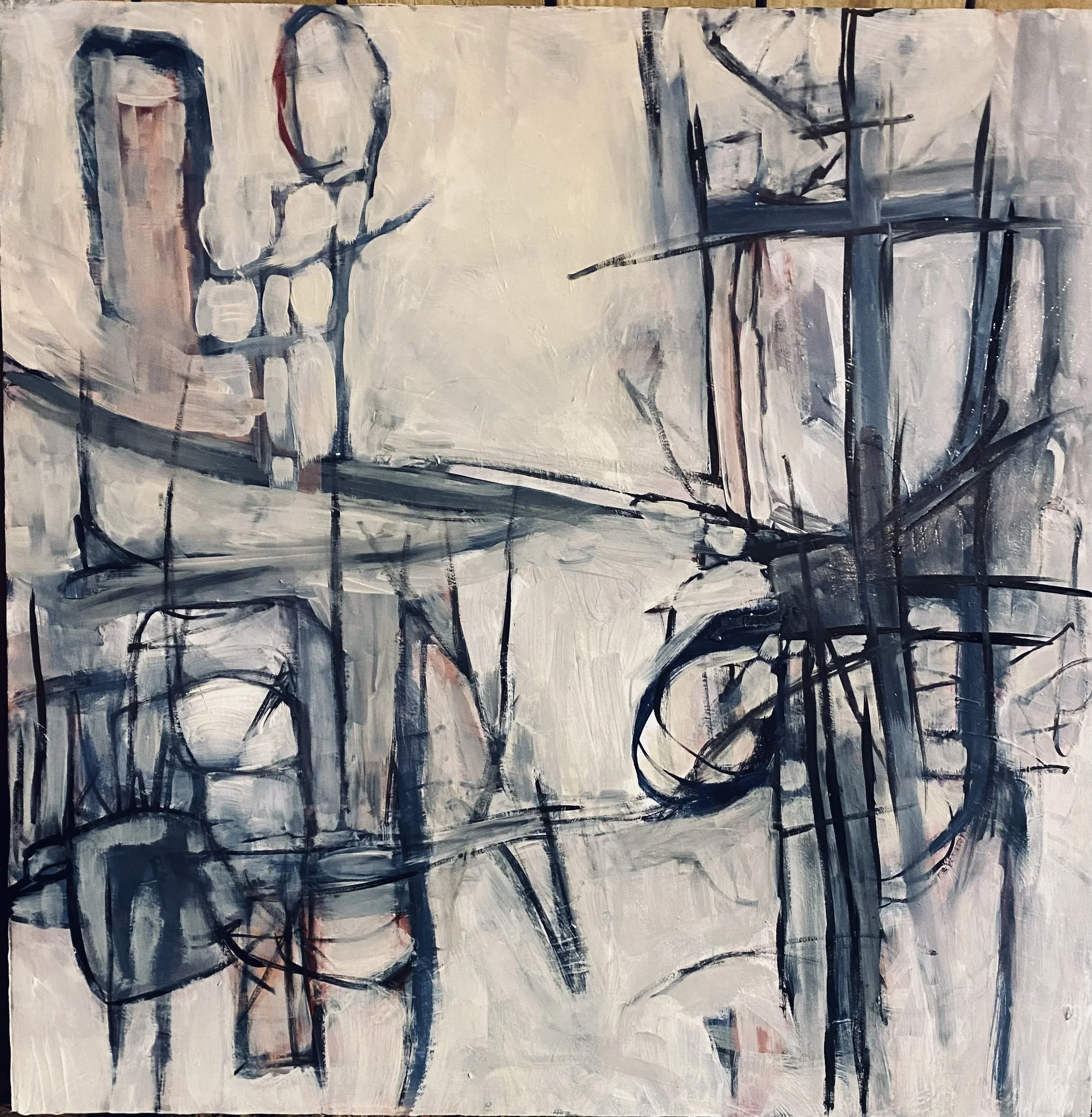 An abstract painting featuring a hanging light bulb, with a color palette of black, white, gray, with hints of red and beige, and brush strokes conveying a sense of motion and depth.