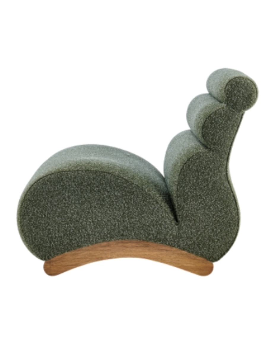 Modern armless accent chair upholstered in olive green bouclé fabric, featuring a sculptural curved seat, channel-tufted backrest, and natural wood base.