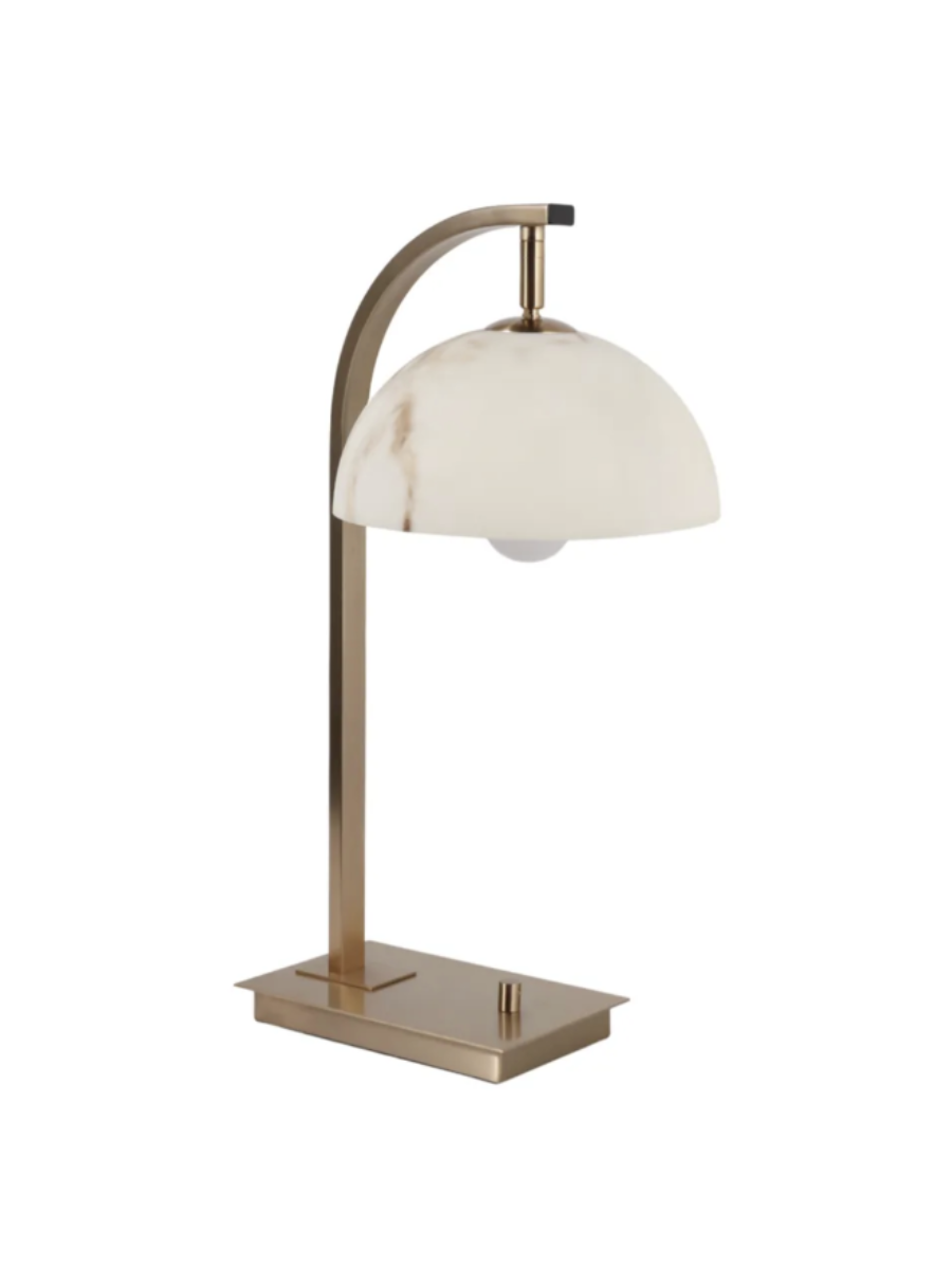 22" table / desk lamp with gold arched frame, rectangle gold base, and a dome-shaped resin shade