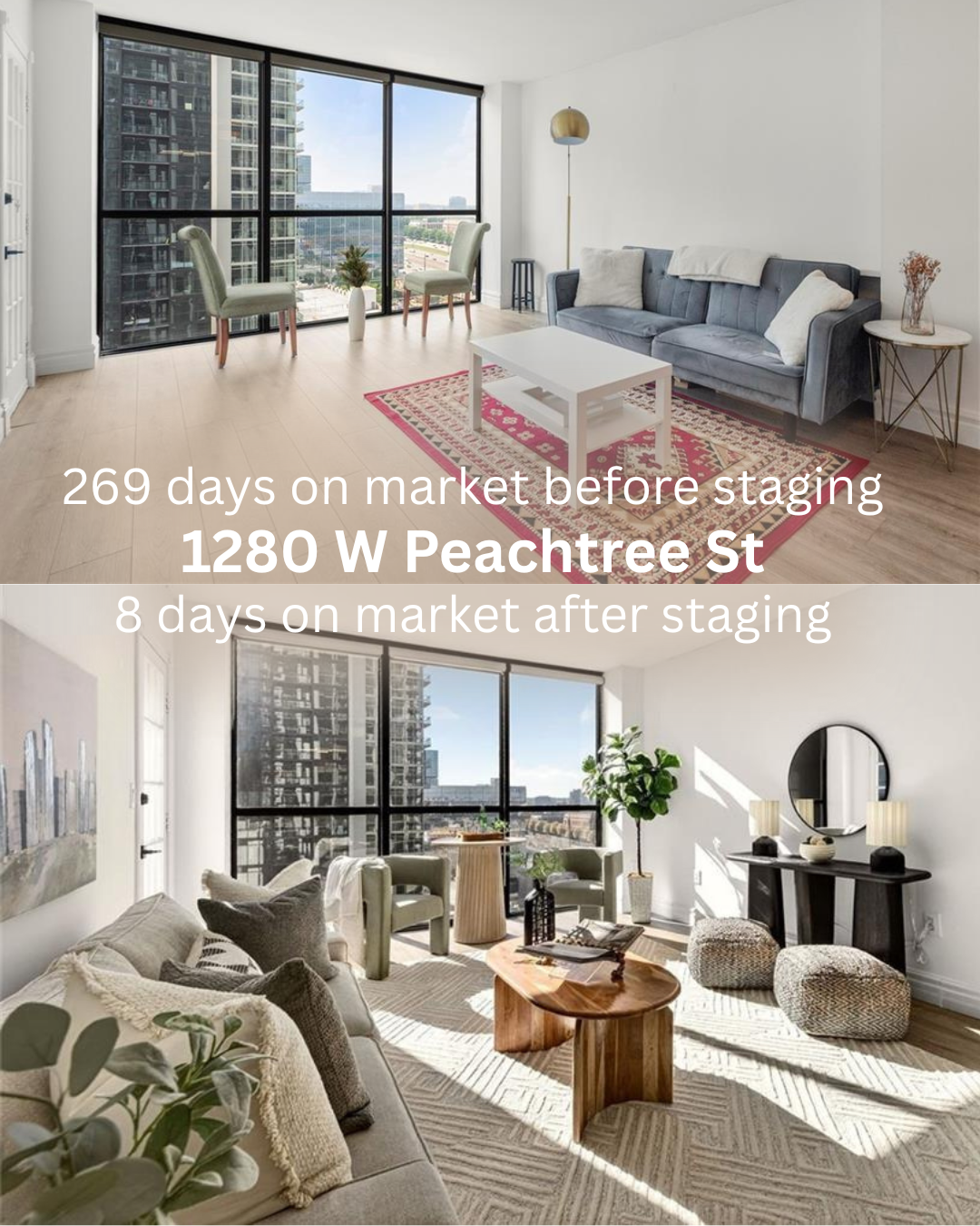 Comparison of living room interior before and after staging, featuring large windows, modern furniture, and decor.