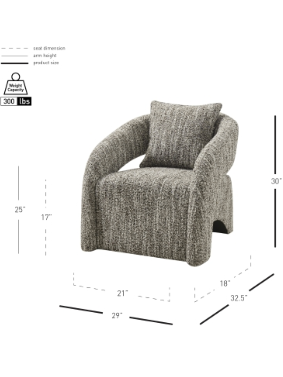 Modern gray textured upholstered accent chair with curved arms, sculptural silhouette, and matching back cushion. Image showing dimensions.
