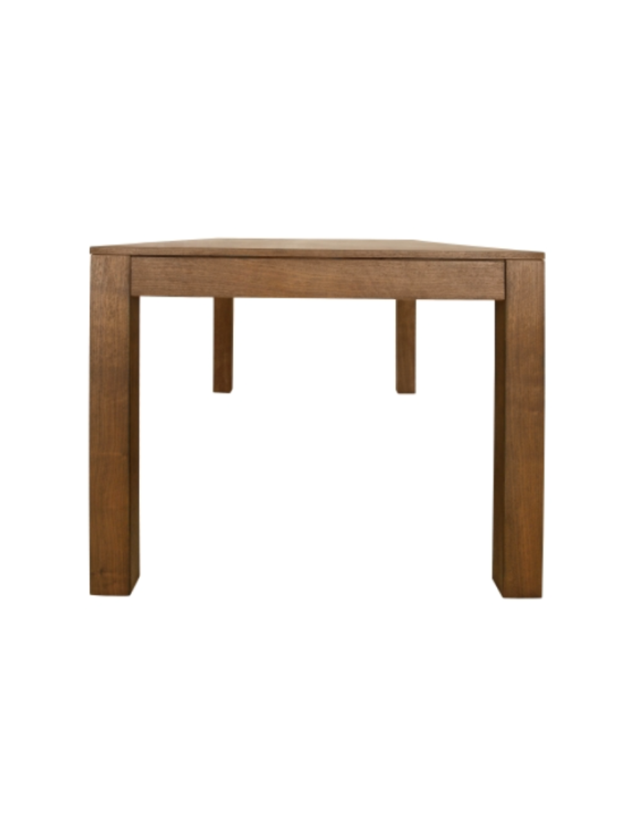 Modern rectangular walnut wood dining table featuring a warm brown finish, clean minimalist design, flat tabletop, and sturdy square legs.