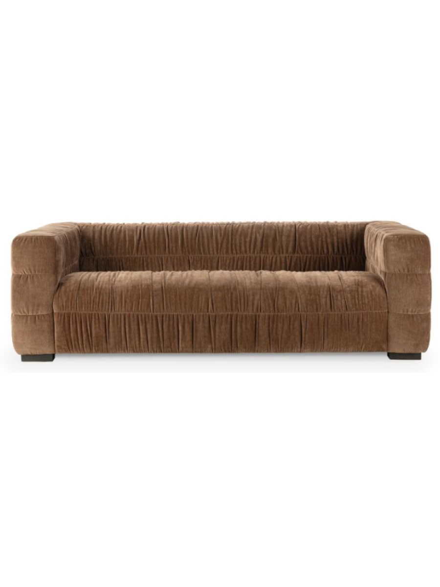 Modern camel brown velvet sofa featuring gathered ruched upholstery, wide square arms, a deep bench seat, and a low-profile silhouette.