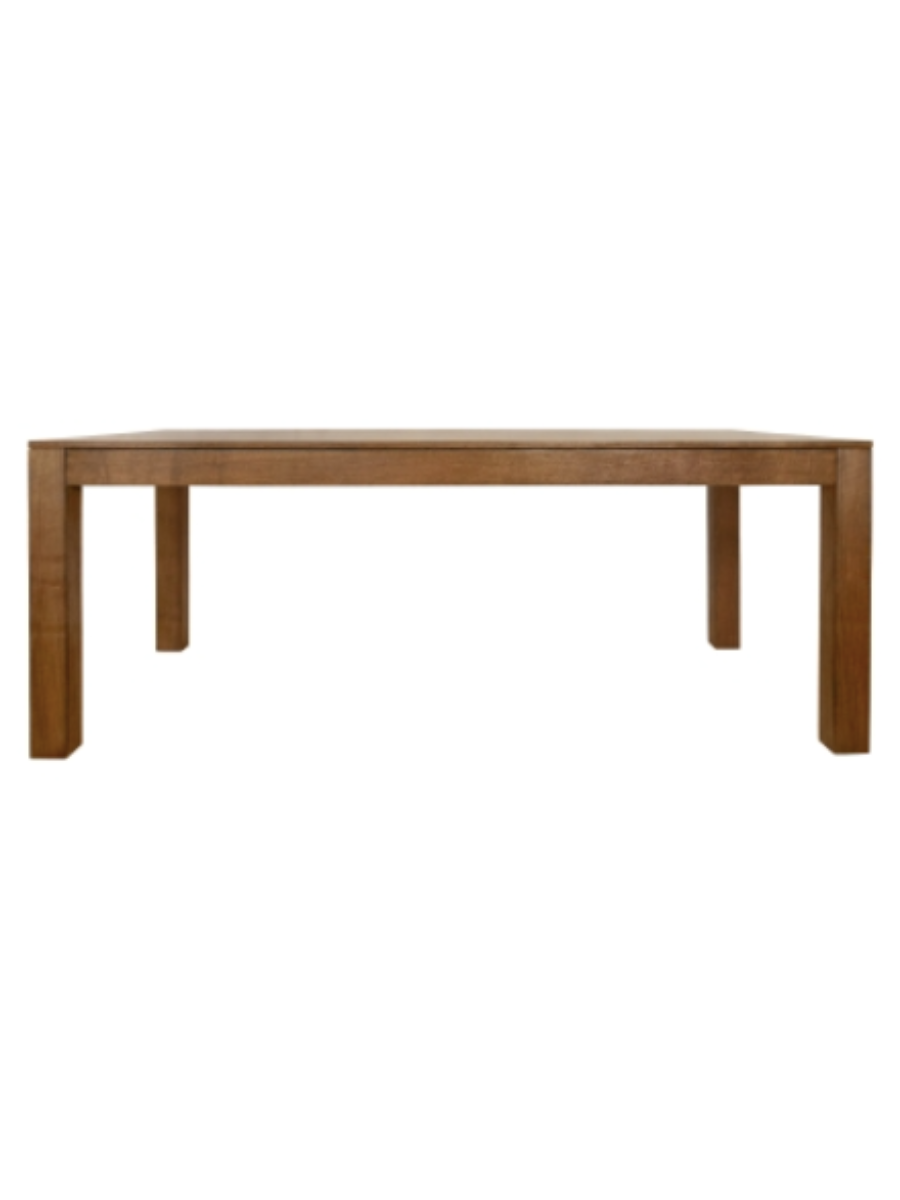 Modern rectangular walnut wood dining table featuring a warm brown finish, clean minimalist design, flat tabletop, and sturdy square legs.