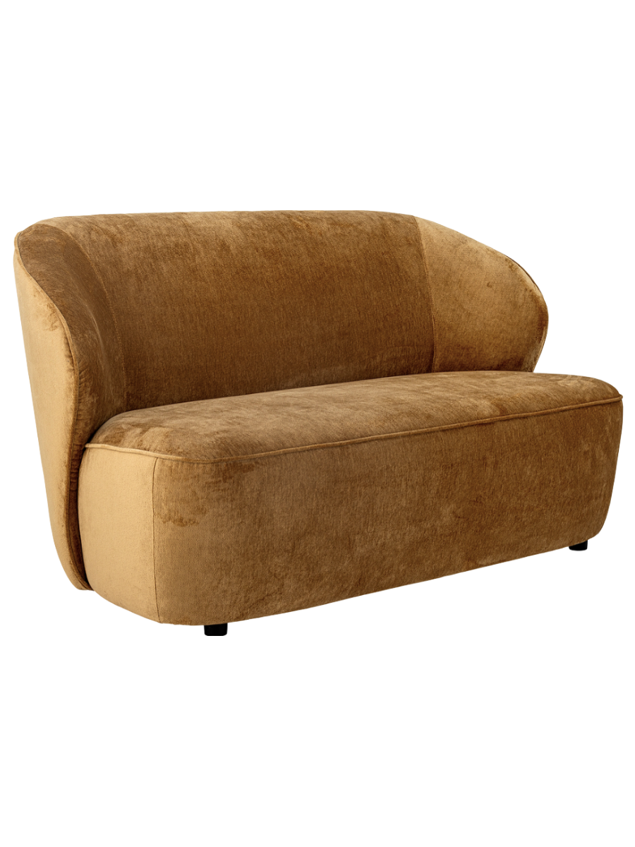 Modern camel brown velvet loveseat featuring a curved backrest, rounded arms, a plush bench seat, and a sculptural low-profile silhouette.