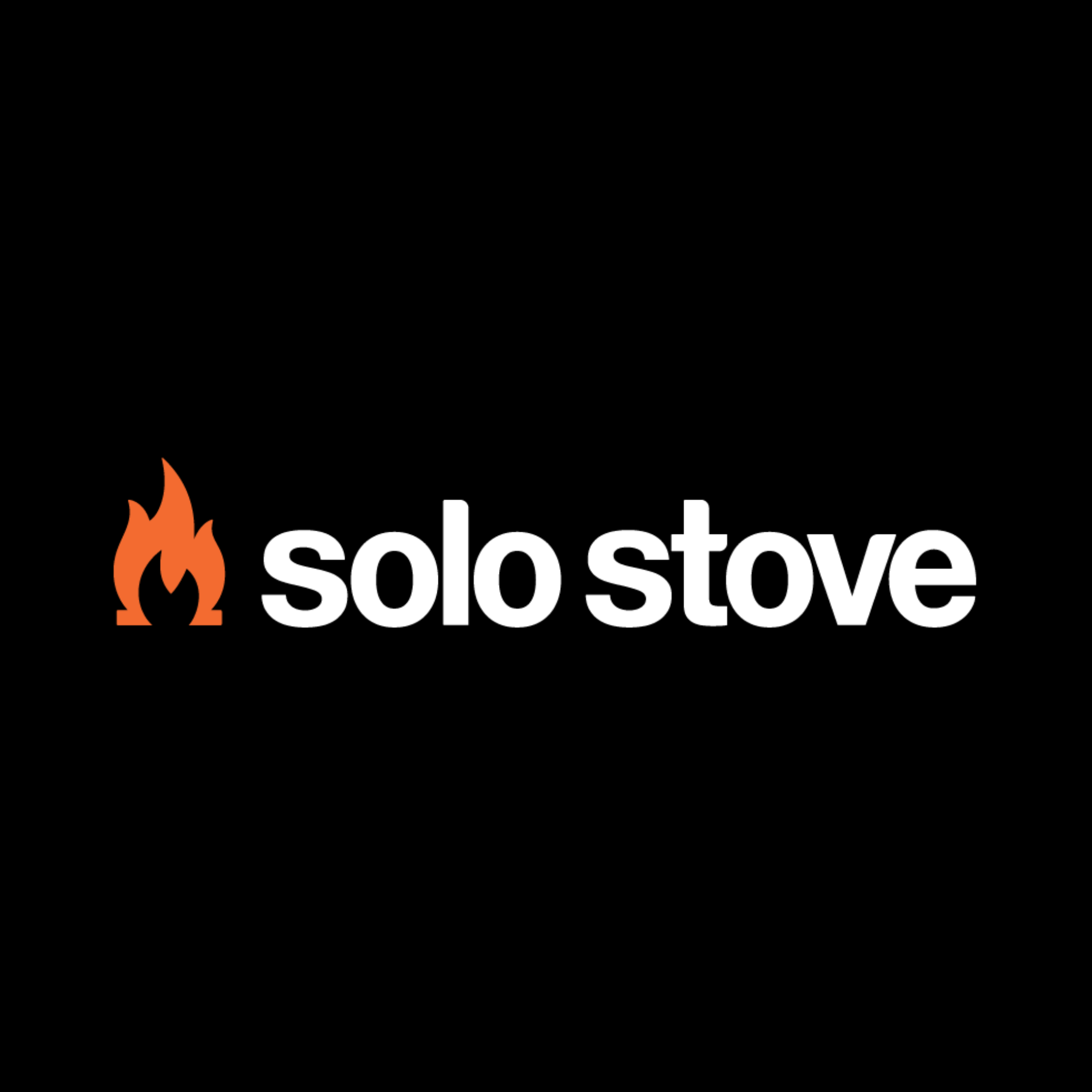 A black logo with orange flames on the lower left and the words 'solostove' in white, with 'solo' in bold and 'stove' in regular font.