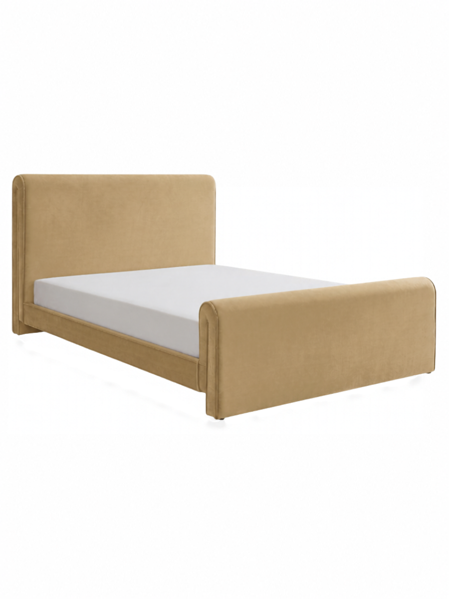 Carmel colored velvet bed with a headboard and footboard