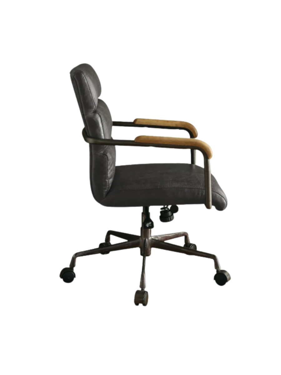 Black leather task chair on wheels with wood accents on arms