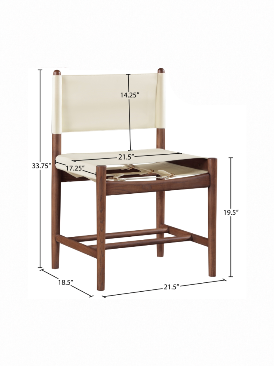 dining chair in soft cream vegan leather seat and back with brown walnut ash wood frame