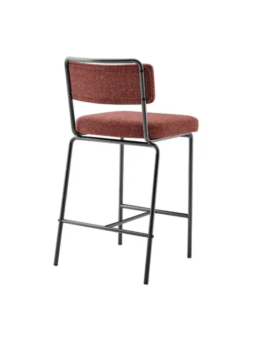 Counter-height bar stool with rust-colored upholstered seat and back