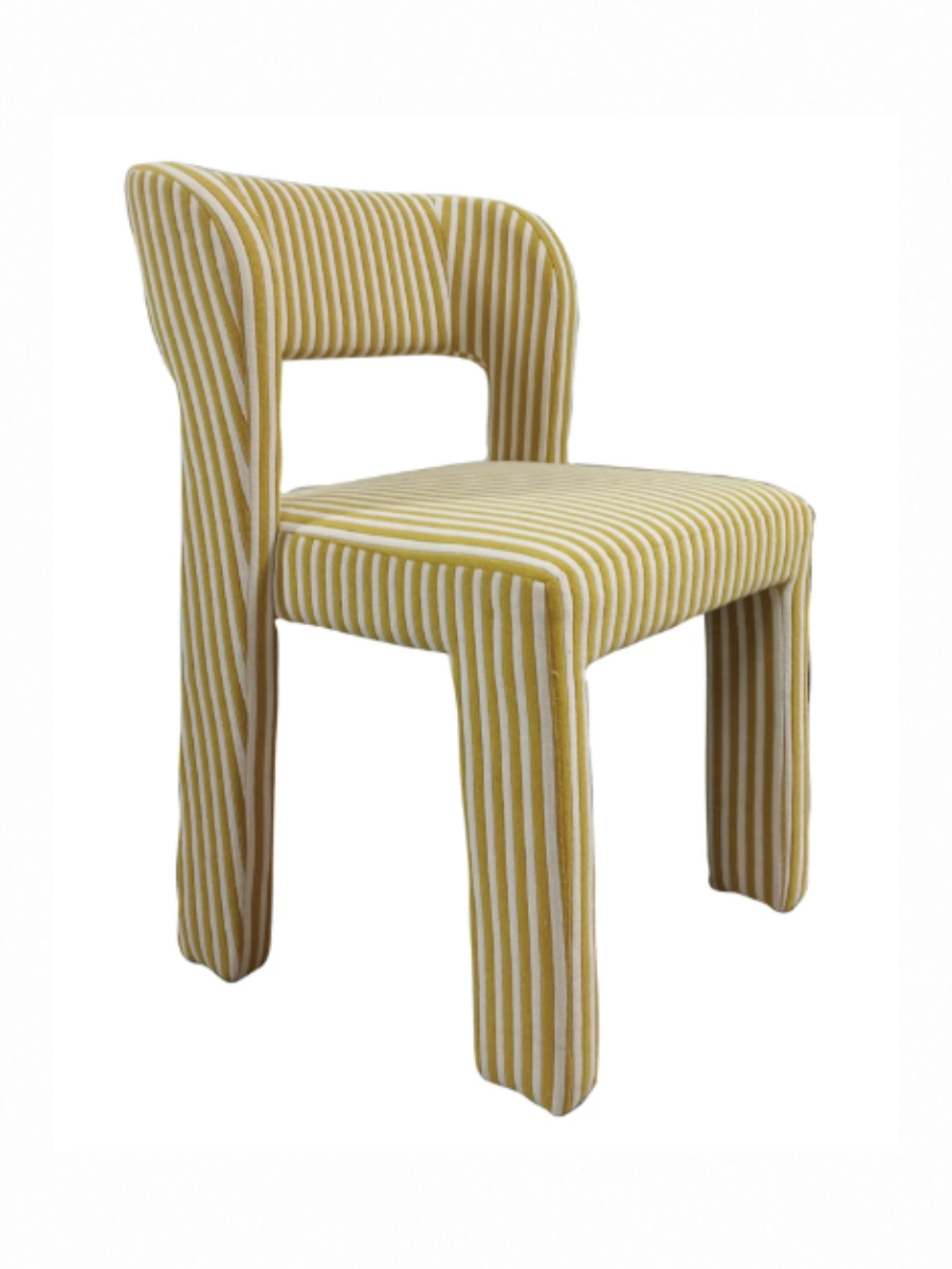 Modern upholstered armless dining chair with slim rounded barrel back in a yellow and white terrycloth + cotton striped pattern