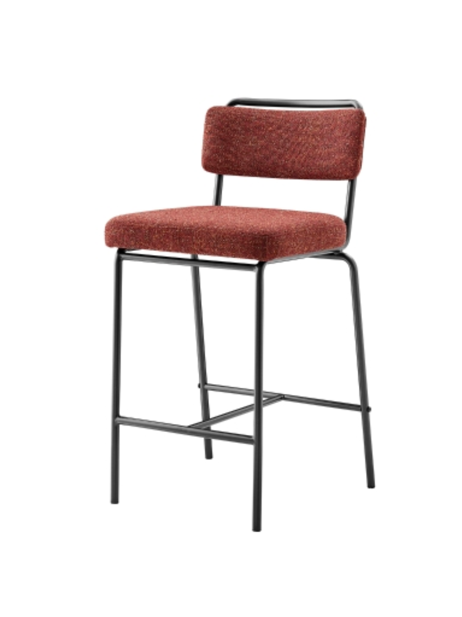 Counter-height bar stool with rust-colored upholstered seat and back