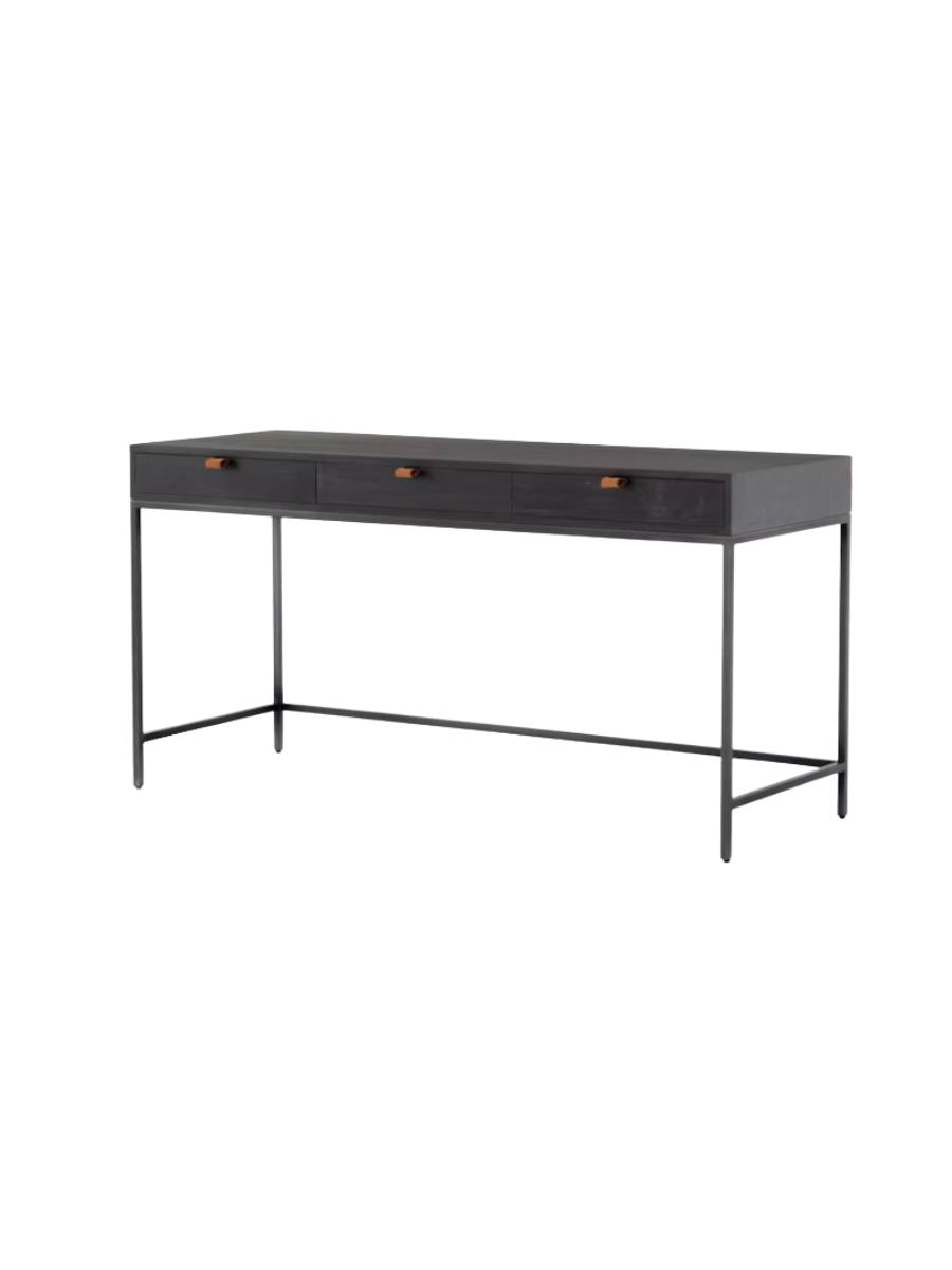 Black desk w/ three drawers with leather pulls and metal legs.