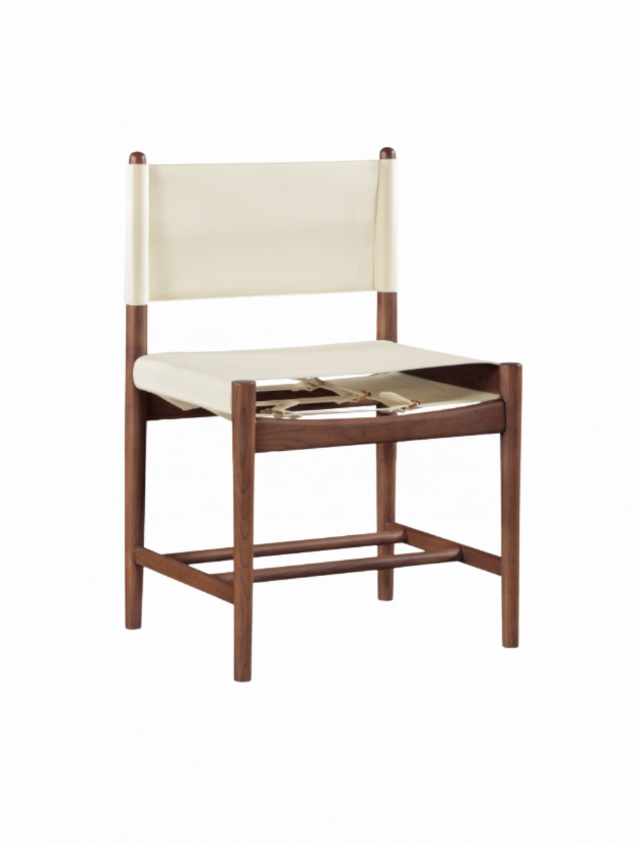 dining chair in soft cream vegan leather seat and back with brown walnut ash wood frame