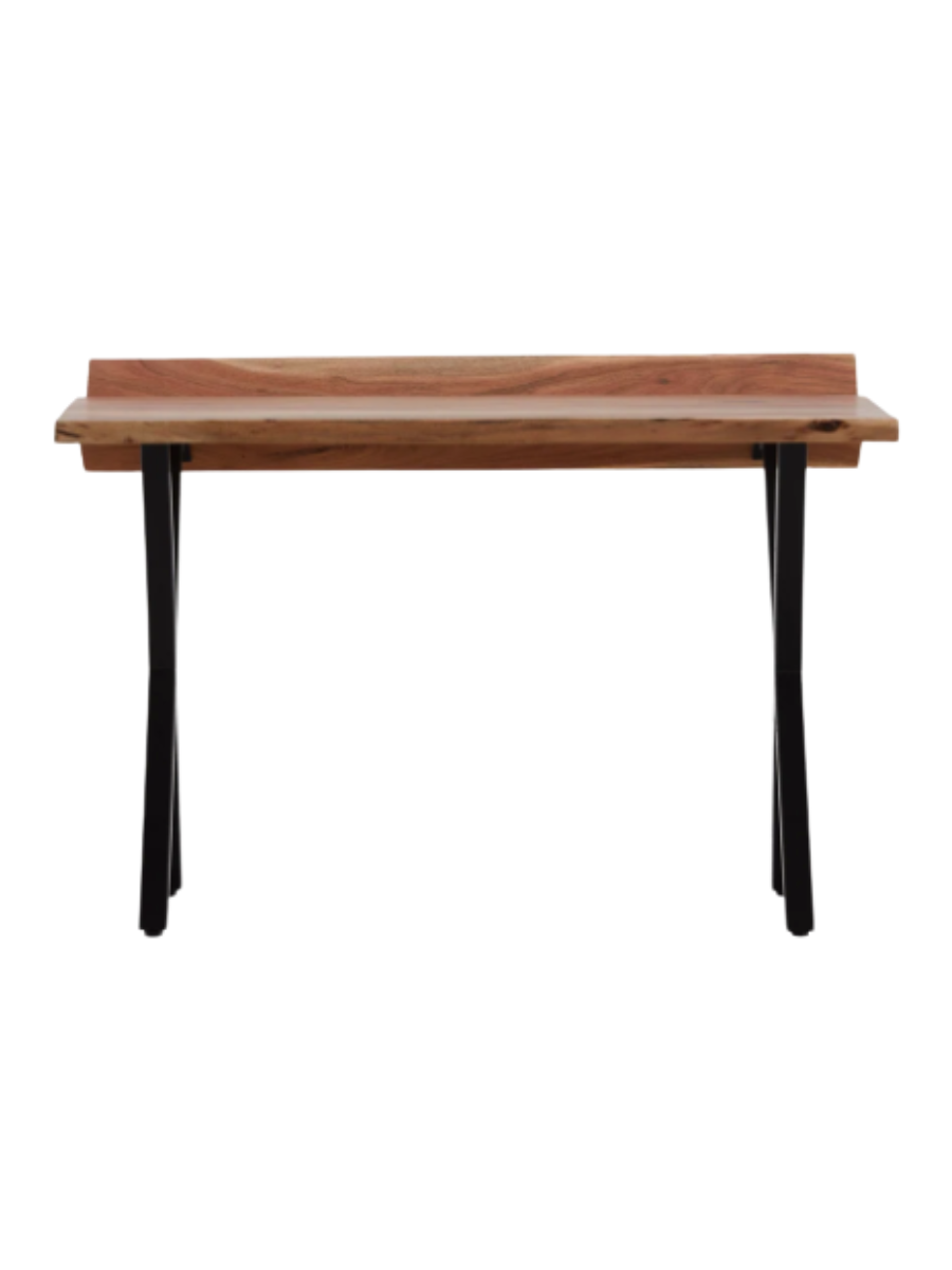 Live edge wooden desk with metal legs and book prop
