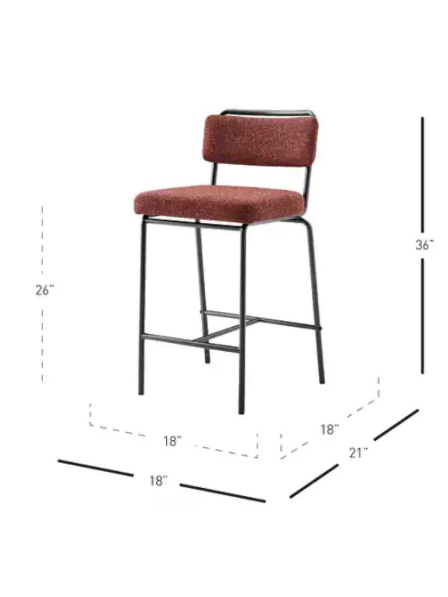 Counter-height bar stool with rust-colored upholstered seat and back
