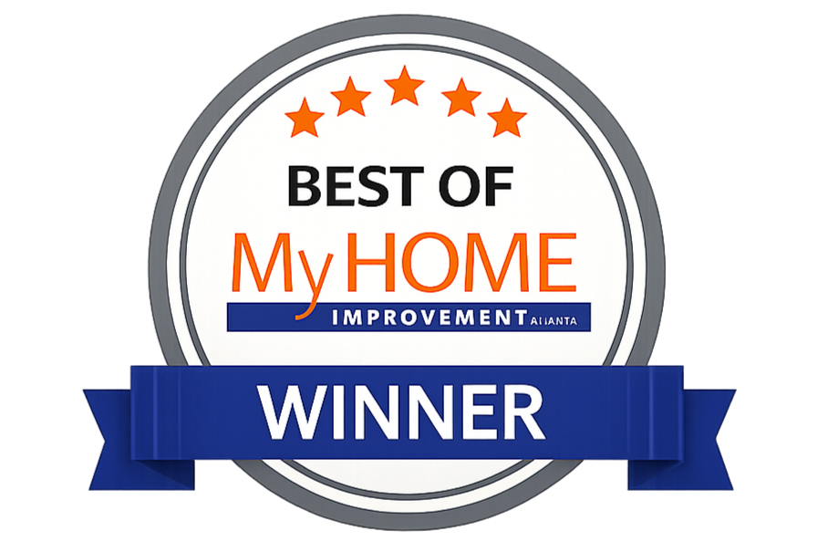 A circular logo with orange stars at the top, the text "Best of My Home" in black and orange in the center, and a blue banner at the bottom with the word "Winner" in white. The logo indicates an award for home improvement in Atlanta.