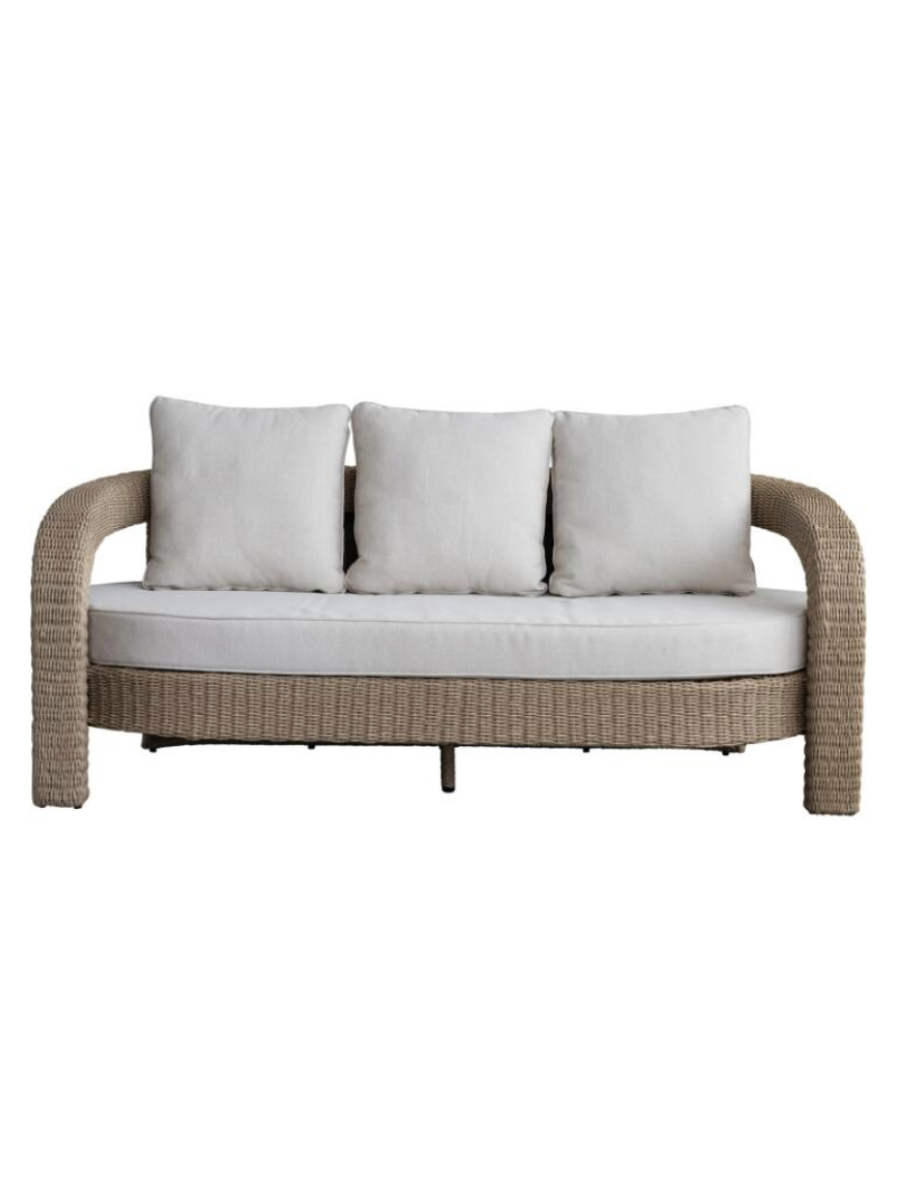 Hand-woven plastic wicker sofa w/ cream cushions