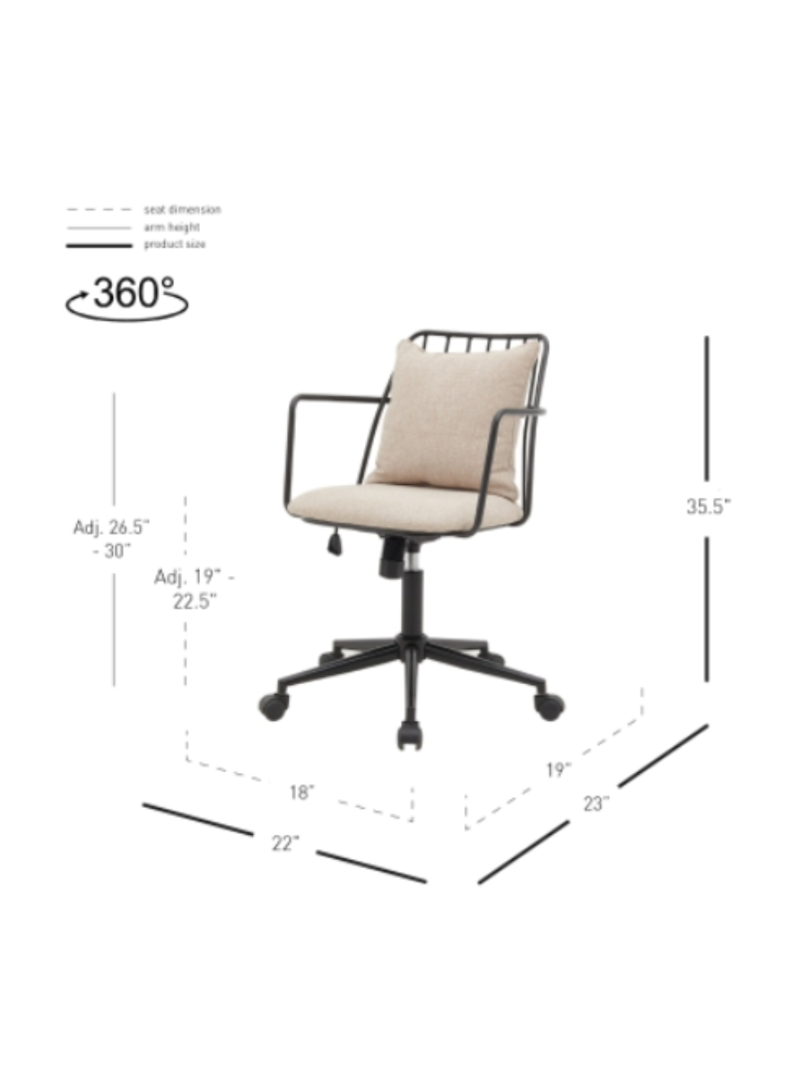 Black metal slatted rolling adjustable task chair with ivory cushions dimensions shown
