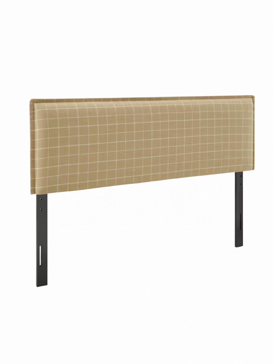 Upholstered king headboard in linen color w/ light blue checkered plaid stripes