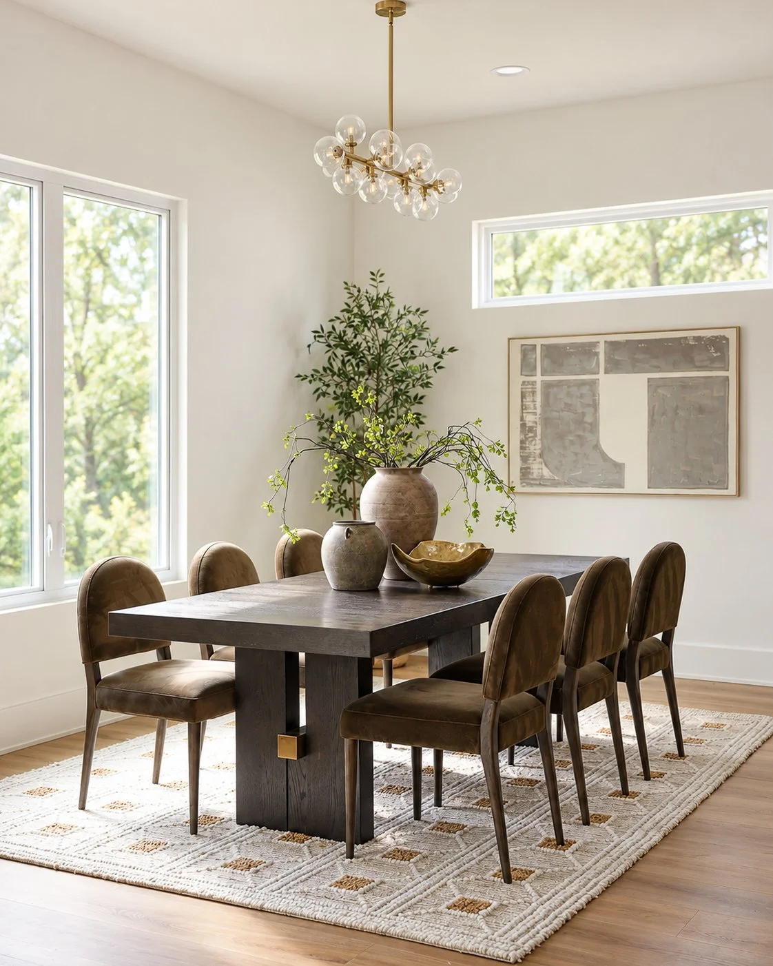 Modern dining room with a dark wooden table, six brown upholstered chairs, large pottery vases, green plant, contemporary artwork, window, and elegant light fixture.