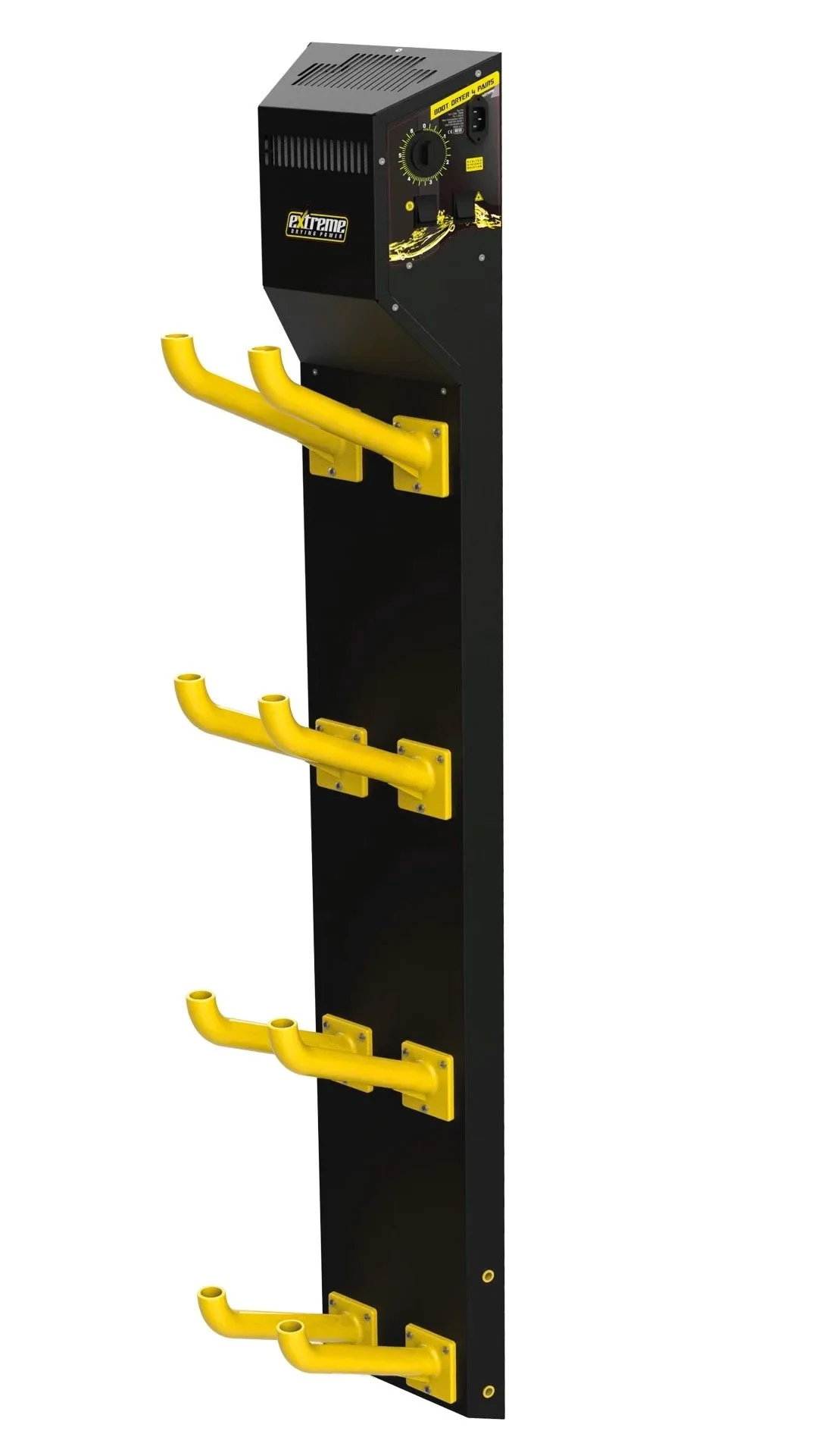 A black and yellow electric vehicle charging station with four yellow charging ports.