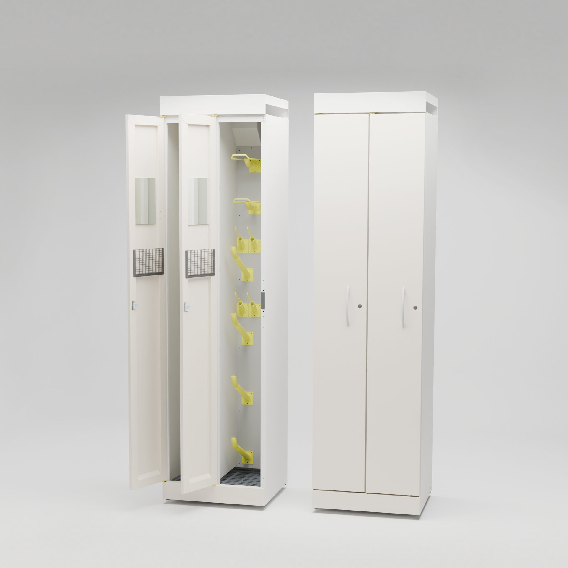 A white storage locker with yellow hooks and small mirrors inside, next to a closed white cabinet.