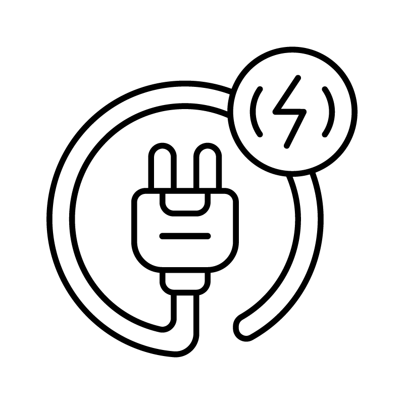 Black and white icon of an electric plug with a power symbol, indicating electric power or charging.