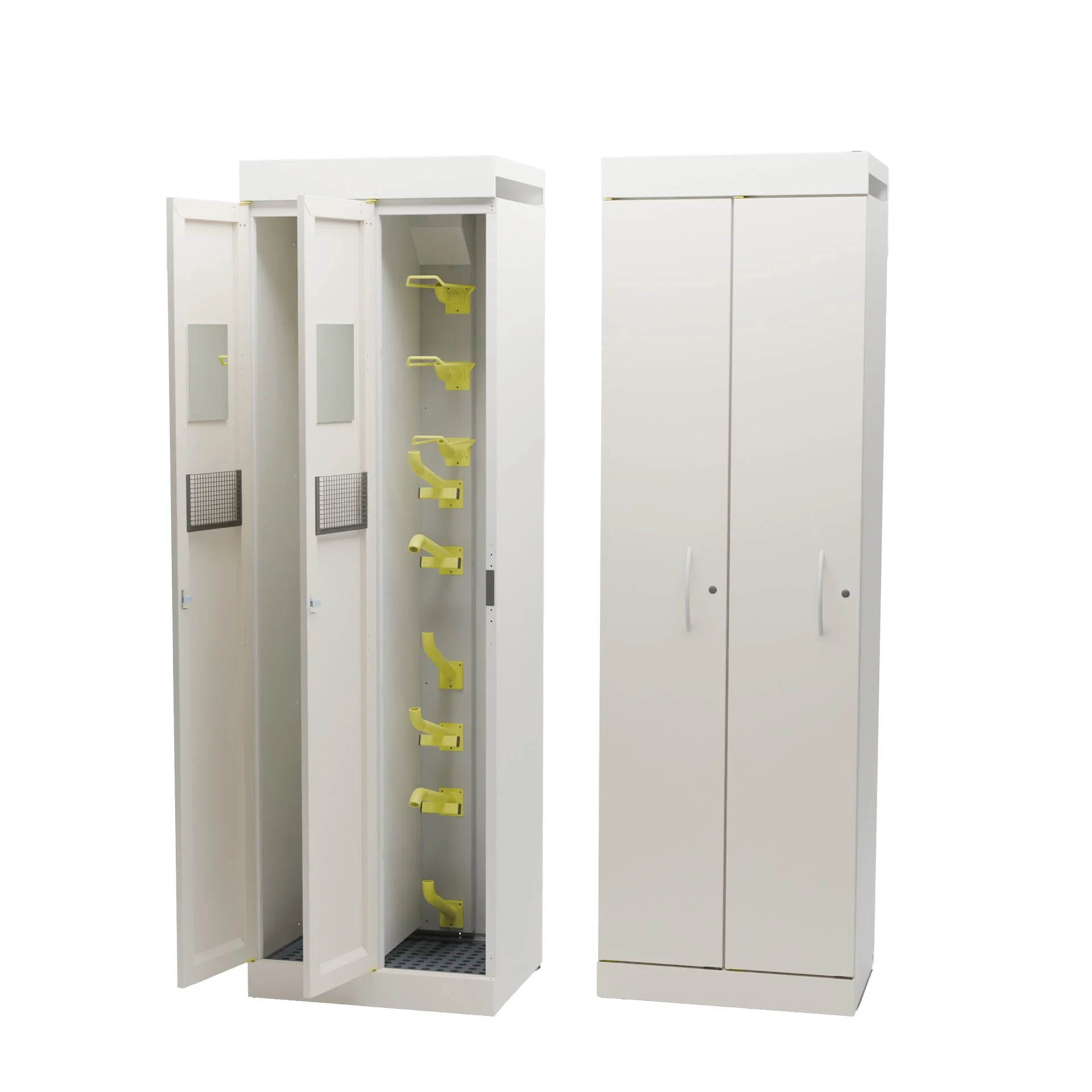 Two white lockers, one with doors open revealing yellow hooks inside and mirrors, the other closed.