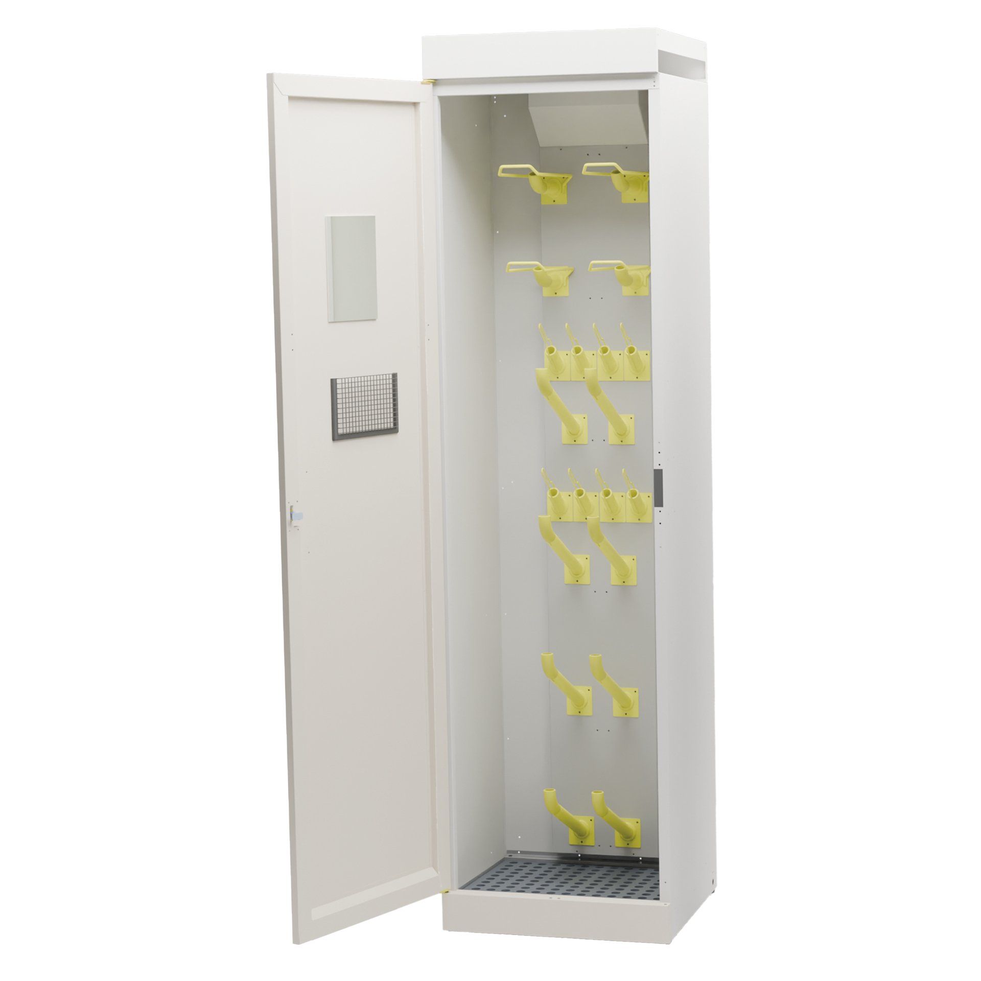 A white storage locker with an open door revealing yellow hooks and brackets inside.