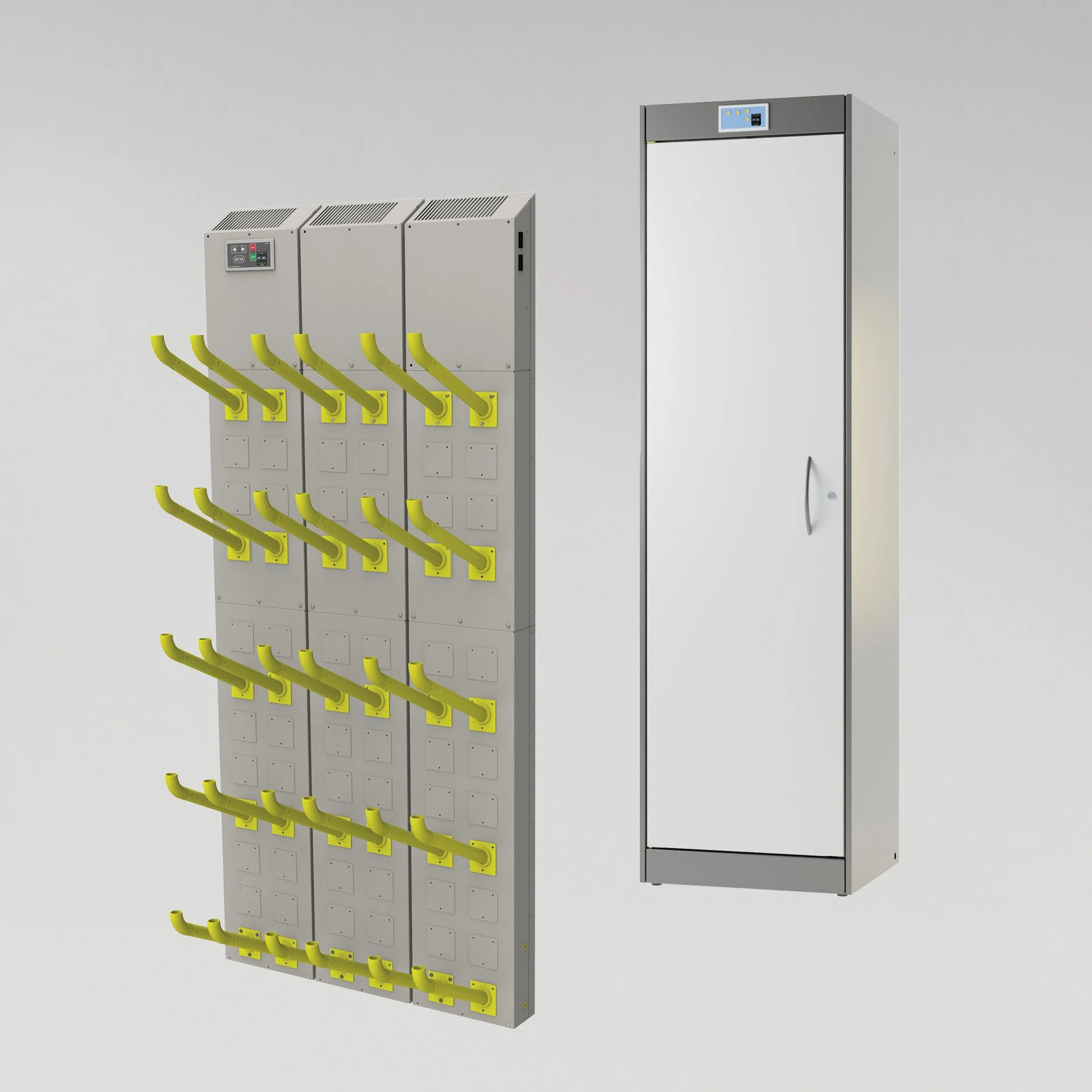 A set of gray lockers with yellow hooks and a separate white and gray secure cabinet against a plain white background.