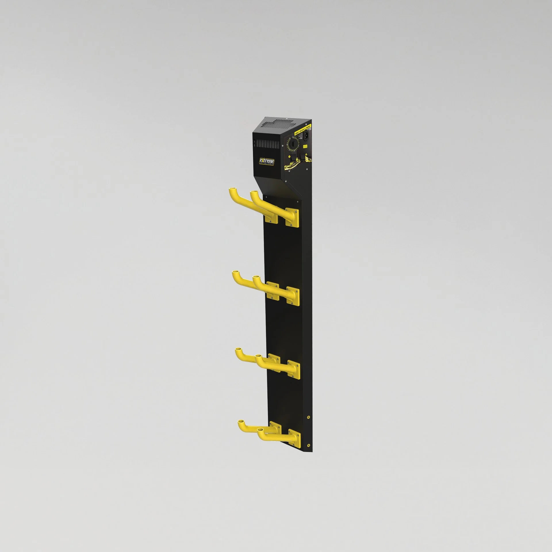 A black vertical storage rack with four yellow hooks attached, mounted on a light gray wall.